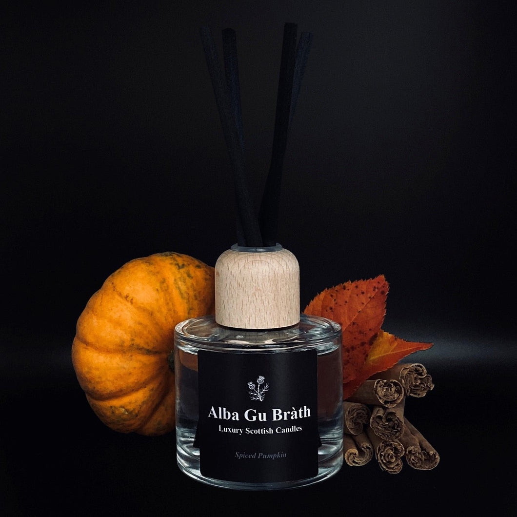 scottish reed diffuser that smells like pumpkin for autumn which is made by alba gu brath homeware in dunfermline, scotland