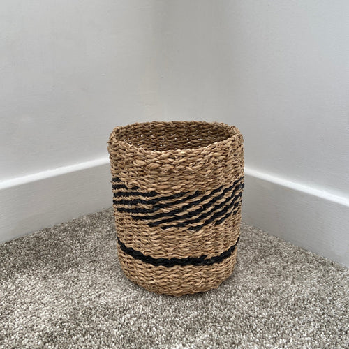 seagrass basket with black and natural colours sold by alba gu brath in dunfermline, scotland